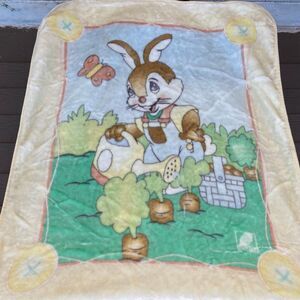 Vintage Novatex Blanket Easter Bunny Rabbit Butterfly Carrot Garden Plush Mink